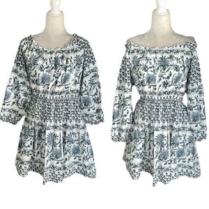 Madison Mathews Blue White Floral Off Shoulder Puff Sleeve Flared Mini Dress - L